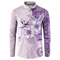 Hawaii Tapa Pattern With Violet Hibiscus Button Sweatshirt