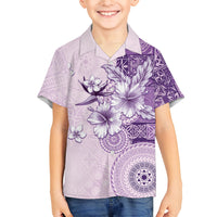 Hawaii Tapa Pattern With Violet Hibiscus Family Matching Off Shoulder Short Dress and Hawaiian Shirt