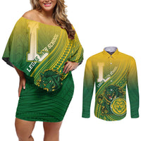 Personalized Leone High School Couples Matching Off Shoulder Short Dress and Long Sleeve Button Shirt Leone Lion