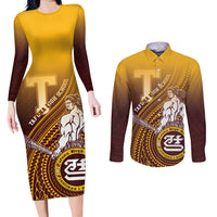 Personalized Tafuna High School Couples Matching Long Sleeve Bodycon Dress and Long Sleeve Button Shirt Polynesian Warrior