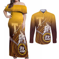 Personalized Tafuna High School Couples Matching Off Shoulder Maxi Dress and Long Sleeve Button Shirt Polynesian Warrior