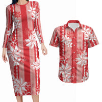 Hawaii Kakau Tribal Couples Matching Long Sleeve Bodycon Dress and Hawaiian Shirt With Red Tiare LT05 Red - Polynesian Pride