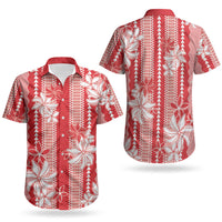 Hawaii Kakau Tribal Couples Matching Long Sleeve Bodycon Dress and Hawaiian Shirt With Red Tiare LT05 - Polynesian Pride
