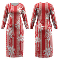 Hawaii Kakau Tribal Couples Matching Long Sleeve Bodycon Dress and Hawaiian Shirt With Red Tiare LT05 - Polynesian Pride
