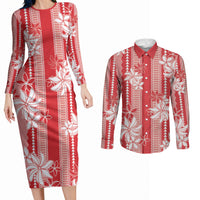 Hawaii Kakau Tribal Couples Matching Long Sleeve Bodycon Dress and Long Sleeve Button Shirt With Red Tiare LT05 Red - Polynesian Pride