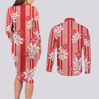 Hawaii Kakau Tribal Couples Matching Long Sleeve Bodycon Dress and Long Sleeve Button Shirt With Red Tiare LT05 - Polynesian Pride