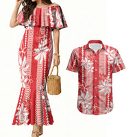Hawaii Kakau Tribal Couples Matching Mermaid Dress and Hawaiian Shirt With Red Tiare LT05 Red - Polynesian Pride