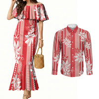 Hawaii Kakau Tribal Couples Matching Mermaid Dress and Long Sleeve Button Shirt With Red Tiare LT05 Red - Polynesian Pride