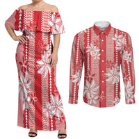 Hawaii Kakau Tribal Couples Matching Off Shoulder Maxi Dress and Long Sleeve Button Shirt With Red Tiare LT05 Red - Polynesian Pride