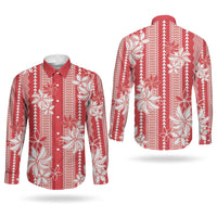 Hawaii Kakau Tribal Couples Matching Off Shoulder Maxi Dress and Long Sleeve Button Shirt With Red Tiare LT05 - Polynesian Pride