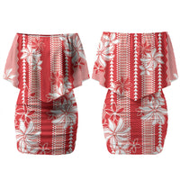 Hawaii Kakau Tribal Couples Matching Off Shoulder Short Dress and Hawaiian Shirt With Red Tiare LT05 - Polynesian Pride