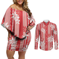 Hawaii Kakau Tribal Couples Matching Off Shoulder Short Dress and Long Sleeve Button Shirt With Red Tiare LT05 Red - Polynesian Pride