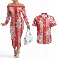 Hawaii Kakau Tribal Couples Matching Off The Shoulder Long Sleeve Dress and Hawaiian Shirt With Red Tiare LT05 Red - Polynesian Pride