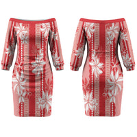 Hawaii Kakau Tribal Couples Matching Off The Shoulder Long Sleeve Dress and Hawaiian Shirt With Red Tiare LT05 - Polynesian Pride