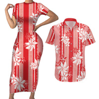 Hawaii Kakau Tribal Couples Matching Short Sleeve Bodycon Dress and Hawaiian Shirt With Red Tiare