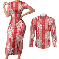 Hawaii Kakau Tribal Couples Matching Short Sleeve Bodycon Dress and Long Sleeve Button Shirt With Red Tiare LT05 Red - Polynesian Pride