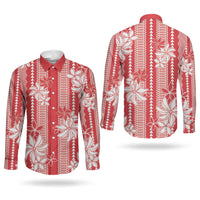 Hawaii Kakau Tribal Couples Matching Short Sleeve Bodycon Dress and Long Sleeve Button Shirt With Red Tiare LT05 - Polynesian Pride