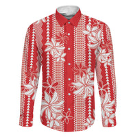 Hawaii Kakau Tribal Family Matching Off The Shoulder Long Sleeve Dress and Hawaiian Shirt With Red Tiare LT05 Dad's Shirt - Long Sleeve Red - Polynesian Pride