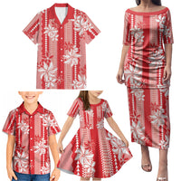Hawaii Kakau Tribal Family Matching Puletasi and Hawaiian Shirt With Red Tiare LT05 - Polynesian Pride