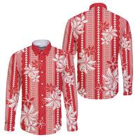 Hawaii Kakau Tribal Family Matching Puletasi and Hawaiian Shirt With Red Tiare LT05 Dad's Shirt - Long Sleeve Red - Polynesian Pride