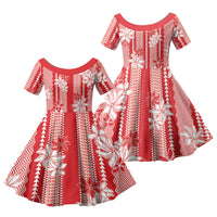 Hawaii Kakau Tribal Family Matching Puletasi and Hawaiian Shirt With Red Tiare LT05 Daughter's Dress Red - Polynesian Pride