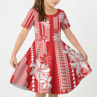 Hawaii Kakau Tribal Kid Short Sleeve Dress With Red Tiare LT05 KID Red - Polynesian Pride