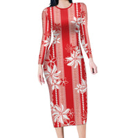 Hawaii Kakau Tribal Long Sleeve Bodycon Dress With Red Tiare