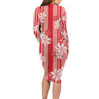 Hawaii Kakau Tribal Long Sleeve Bodycon Dress With Red Tiare LT05 - Polynesian Pride