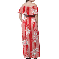 Hawaii Kakau Tribal Off Shoulder Maxi Dress With Red Tiare