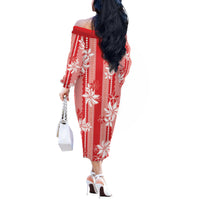 Hawaii Kakau Tribal Off The Shoulder Long Sleeve Dress With Red Tiare LT05 - Polynesian Pride
