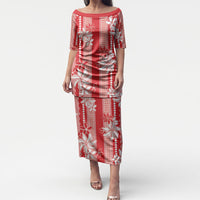 Hawaii Kakau Tribal Puletasi With Red Tiare LT05 Long Dress Red - Polynesian Pride