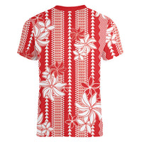 Hawaii Kakau Tribal Women V-Neck T-Shirt With Red Tiare