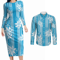 Hawaii Kakau Tribal Couples Matching Long Sleeve Bodycon Dress and Long Sleeve Button Shirt With Blue Tiare LT05 Blue - Polynesian Pride