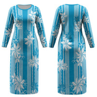 Hawaii Kakau Tribal Couples Matching Long Sleeve Bodycon Dress and Long Sleeve Button Shirt With Blue Tiare LT05 - Polynesian Pride