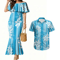 Hawaii Kakau Tribal Couples Matching Mermaid Dress and Hawaiian Shirt With Blue Tiare LT05 Blue - Polynesian Pride