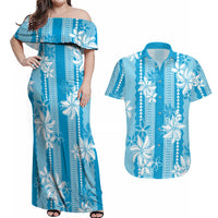 Hawaii Kakau Tribal Couples Matching Off Shoulder Maxi Dress and Hawaiian Shirt With Blue Tiare