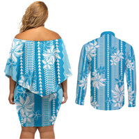 Hawaii Kakau Tribal Couples Matching Off Shoulder Short Dress and Long Sleeve Button Shirt With Blue Tiare LT05 - Polynesian Pride