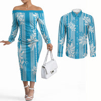 Hawaii Kakau Tribal Couples Matching Off The Shoulder Long Sleeve Dress and Long Sleeve Button Shirt With Blue Tiare LT05 Blue - Polynesian Pride