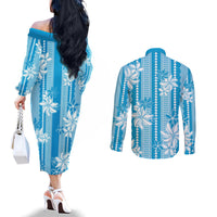 Hawaii Kakau Tribal Couples Matching Off The Shoulder Long Sleeve Dress and Long Sleeve Button Shirt With Blue Tiare LT05 - Polynesian Pride