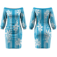 Hawaii Kakau Tribal Couples Matching Off The Shoulder Long Sleeve Dress and Long Sleeve Button Shirt With Blue Tiare LT05 - Polynesian Pride
