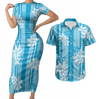 Hawaii Kakau Tribal Couples Matching Short Sleeve Bodycon Dress and Hawaiian Shirt With Blue Tiare LT05 Blue - Polynesian Pride