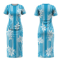 Hawaii Kakau Tribal Couples Matching Short Sleeve Bodycon Dress and Hawaiian Shirt With Blue Tiare LT05 - Polynesian Pride