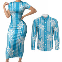Hawaii Kakau Tribal Couples Matching Short Sleeve Bodycon Dress and Long Sleeve Button Shirt With Blue Tiare LT05 Blue - Polynesian Pride