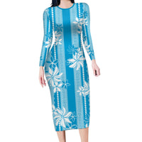 Hawaii Kakau Tribal Family Matching Long Sleeve Bodycon Dress and Hawaiian Shirt With Blue Tiare LT05 Mom's Dress Blue - Polynesian Pride