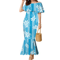 Hawaii Kakau Tribal Family Matching Mermaid Dress and Hawaiian Shirt With Blue Tiare LT05 Mom's Dress Blue - Polynesian Pride