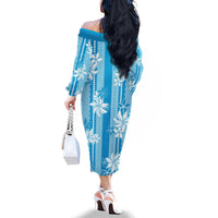 Hawaii Kakau Tribal Family Matching Off The Shoulder Long Sleeve Dress and Hawaiian Shirt With Blue Tiare LT05 - Polynesian Pride