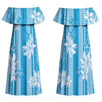 Hawaii Kakau Tribal Family Matching Off Shoulder Maxi Dress and Hawaiian Shirt With Blue Tiare LT05 Mom's Dress Blue - Polynesian Pride