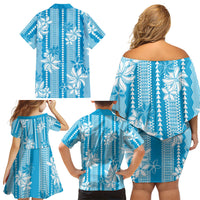 Hawaii Kakau Tribal Family Matching Off Shoulder Short Dress and Hawaiian Shirt With Blue Tiare LT05 - Polynesian Pride