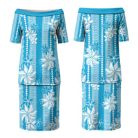 Hawaii Kakau Tribal Family Matching Puletasi and Hawaiian Shirt With Blue Tiare LT05 Mom's Dress Blue - Polynesian Pride
