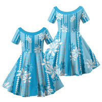 Hawaii Kakau Tribal Family Matching Puletasi and Hawaiian Shirt With Blue Tiare LT05 Daughter's Dress Blue - Polynesian Pride
